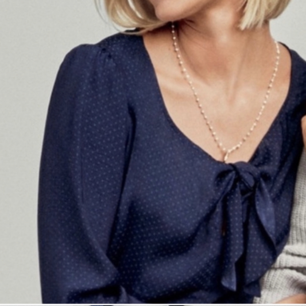 CABI Knot/Tie Polka Dot SMALL 3/4 Sleeve Blouse/Top Navy